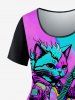 Plus Size Cat Guitar Colorblock Print Short Sleeves T-shirt -  