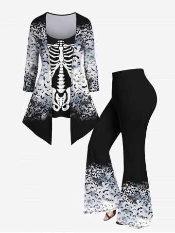 Plus Size Skeleton Colorblock Bat Printed 2 In 1 T-shirt and Flare Pants Outfit