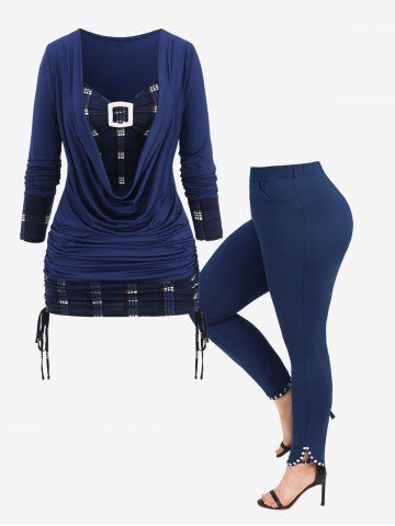 Buckle Ruched Cinched Plaid T-shirt and Pockets Rivets Full Leggings Plus Size Outfit - DEEP BLUE