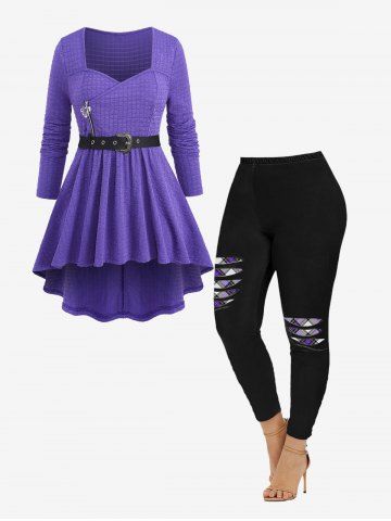 Heart Zipper Grommet Buckle Ruched Textured T-shirt and 3D Ripped Plaid Printed Leggings Plus Size Outfit - PURPLE