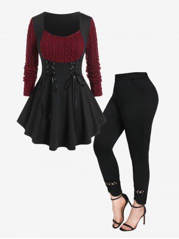 Mixed Media Cable Knit Panel Lace Up Tee and Hollow Out Lace Trim Pockets Leggings Plus Size Outfit - BLACK