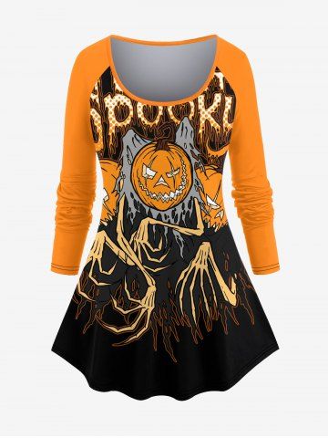 Plus Size Halloween Pumpkin Skeleton Hands Rag Print T-shirt - ORANGE - XS