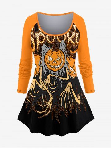 Plus Size Halloween Pumpkin Skeleton Hands Rag Print T-shirt - ORANGE - M