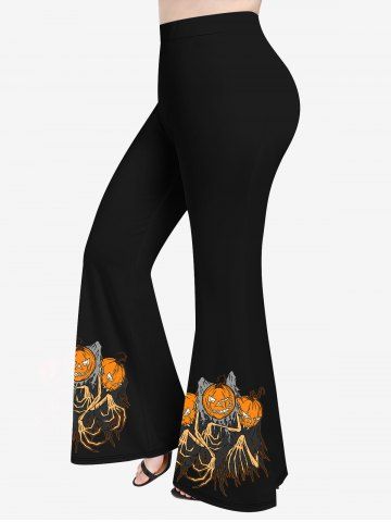 Plus Size Halloween Pumpkin Skeleton Hands Print Flare Pants - BLACK - XS