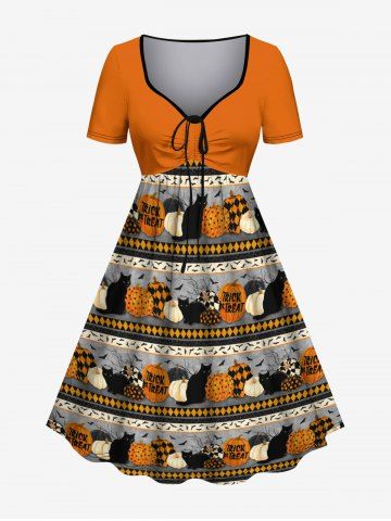 Plus Size Halloween Costume Pumpkin Cat Bat Print Cinched Dress - ORANGE - 1X