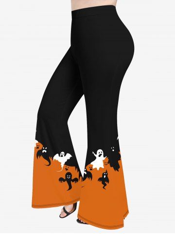 Plus Size Halloween Colorblock Bat Wing Ghost Print Flare Pants - ORANGE - 3X