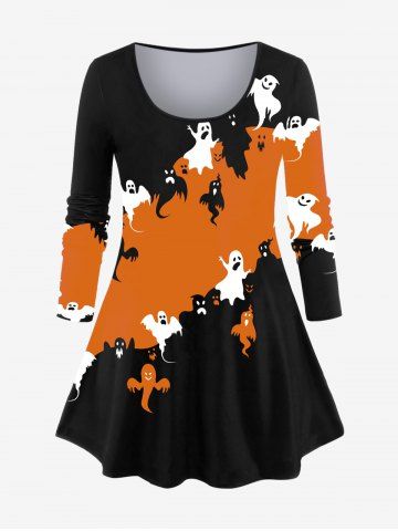 Plus Size Halloween Bat Wing Ghost Colorblock Print T-shirt - ORANGE - 4X