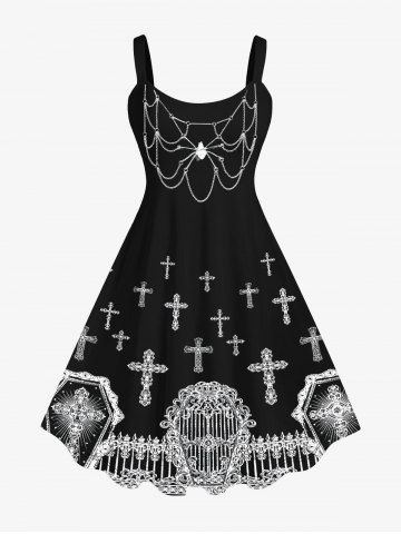 Plus Size 3D Cross Gate Spider Chain Tassel Print Halloween Tank Dress - BLACK - 4X