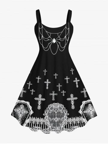 Plus Size 3D Cross Gate Spider Chain Tassel Print Halloween Tank Dress - BLACK - 5X