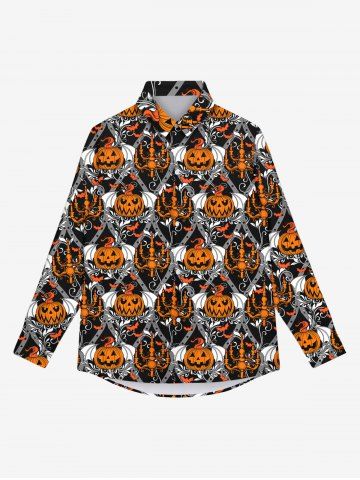 Gothic Pumpkin Bat Candle Print Halloween Buttons Shirt For Men