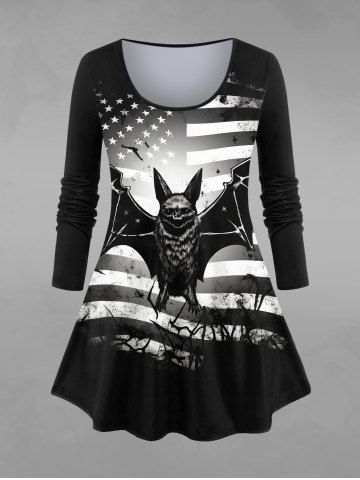 Gothic Bat Patriotic American Flag Print Halloween T-shirt - BLACK - XS