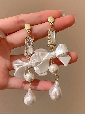 Vintage Faux Pearl Sparkling Crystal Bowknot Drop Earrings - WHITE