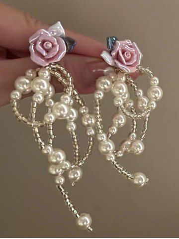 Boucles D'Oreilles Pendantes en Forme de Fleur et Perle Fantaisie avec Pompon - LIGHT PINK