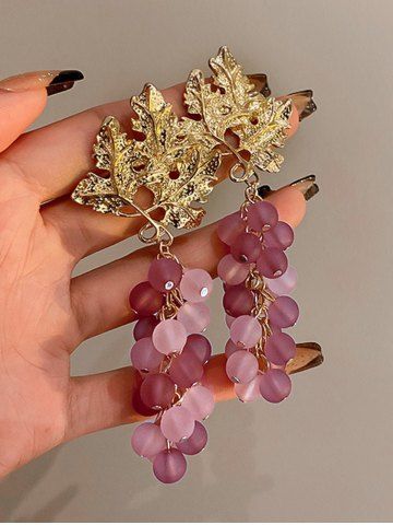 Grape Leaf Shaped Faux Crystal Drop Earrings - PURPLE