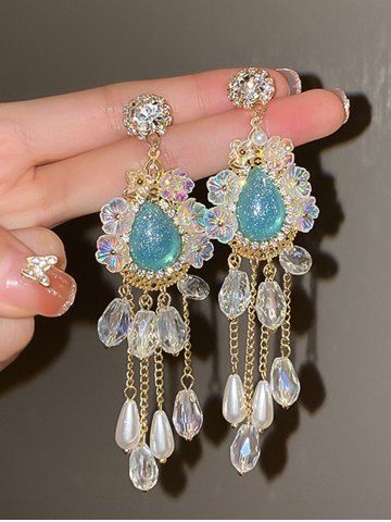 Fashion Faux Pearl Crystal Tassel Glitter Floral Drop Earrings - LIGHT BLUE