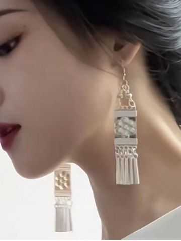 Boucles D'Oreilles Pendantes Motif Rond Fleur Gravée et Perle Style Ethnique Vintage - SILVER
