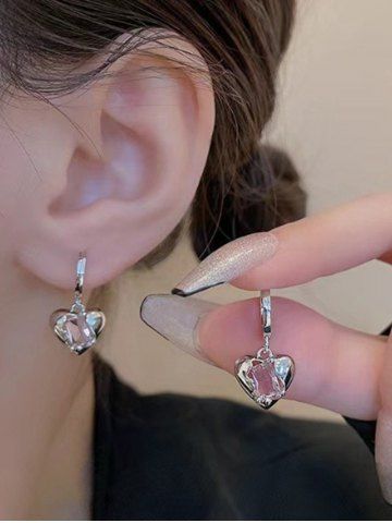 Fashion Faux Pink Crystal Heart Drop Earrings - SILVER