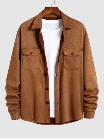 Faux Suede Pocket Solid Color Long Sleeves Shirt - COFFEE - XXL