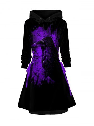 Halloween Colorblock Crow Print Lace Up A Line Mini Hoodie Dress - BLACK - XL | US 12