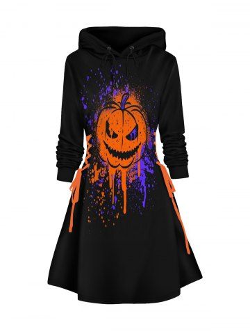 Halloween Pumpkin and Splash Ink Print Lace Up Mini Hoodie Dress - BLACK - XXL | US 14