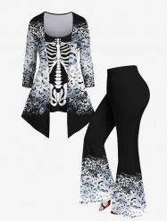 Plus Size Skeleton Colorblock Bat Printed 2 In 1 T-shirt and Flare Pants Outfit -  