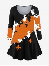 T-shirt D'Halloween Aile de Chauve-souris et Fantôme en Blocs de Couleurs de Grande Taille - Orange 6X