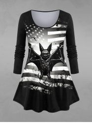 Gothic Bat Patriotic American Flag Print Halloween T-shirt -  
