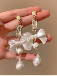 Vintage Faux Pearl Sparkling Crystal Bowknot Drop Earrings -  