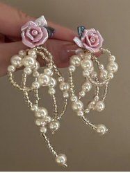 Boucles D'Oreilles Pendantes en Forme de Fleur et Perle Fantaisie avec Pompon - Rose clair 