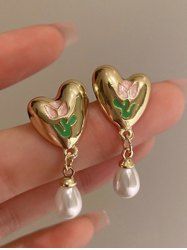 Boucles D'Oreilles Pendantes Motif Cœur Tulipe et Perle Fantaisie Style Vintage - d'or 