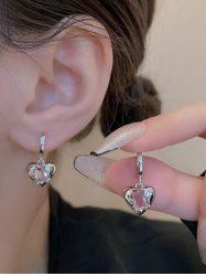 Fashion Faux Pink Crystal Heart Drop Earrings -  