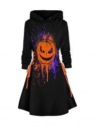 Halloween Pumpkin and Splash Ink Print Lace Up Mini Hoodie Dress -  