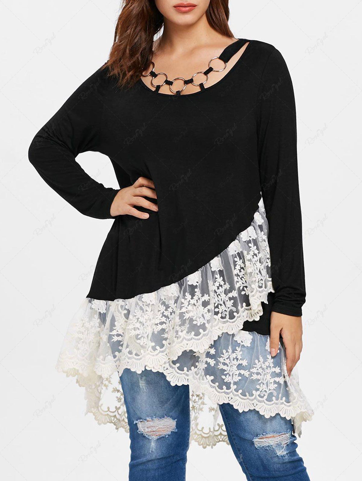 Discount Plus Size O-ring Panel Tulip Hem Floral Lace Trim Layered Tunic T-shirt  