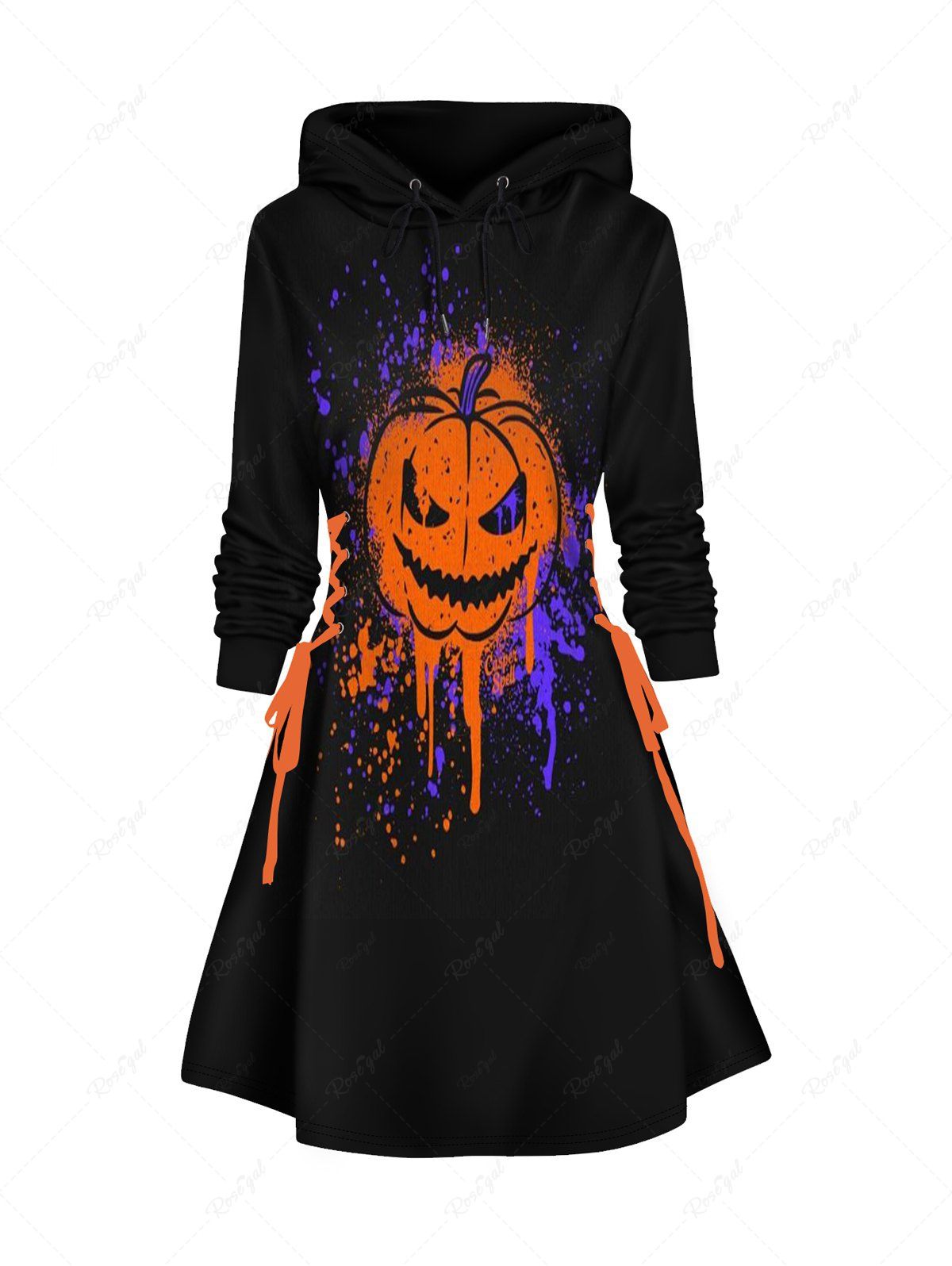 Latest Halloween Pumpkin and Splash Ink Print Lace Up Mini Hoodie Dress  