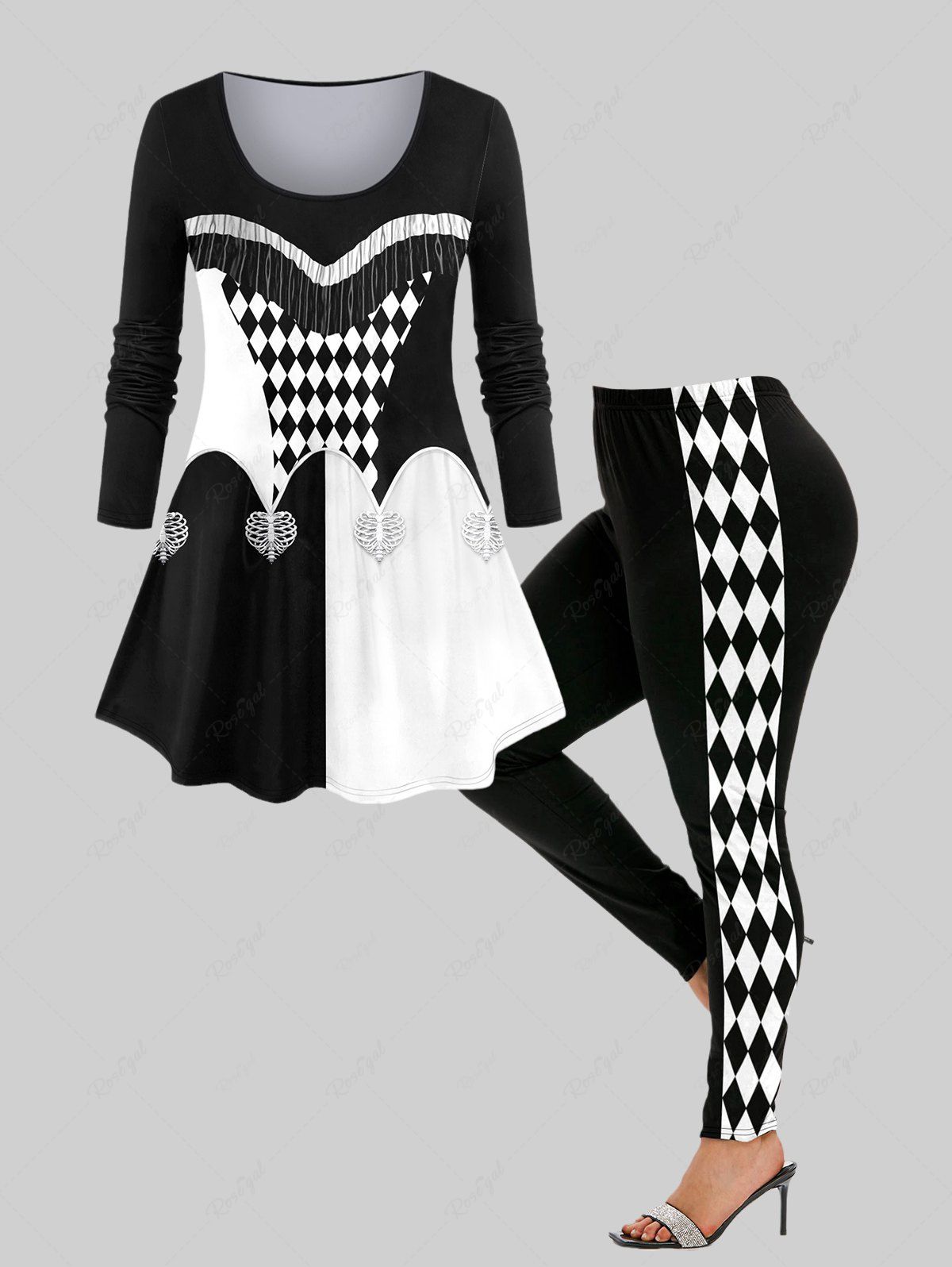 T-shirt Imprimé Clown et Legging Contrastant Halloween Grande Taille Noir 