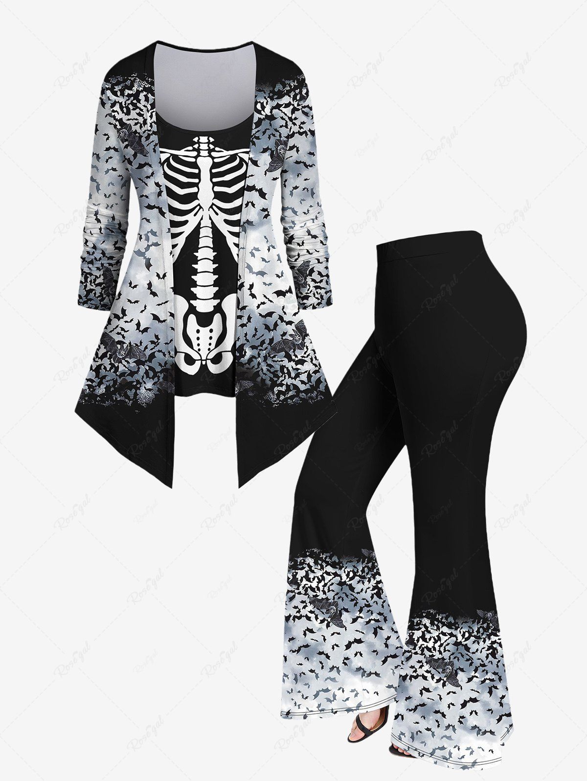 Sale Plus Size Skeleton Colorblock Bat Printed 2 In 1 T-shirt and Flare Pants Outfit  