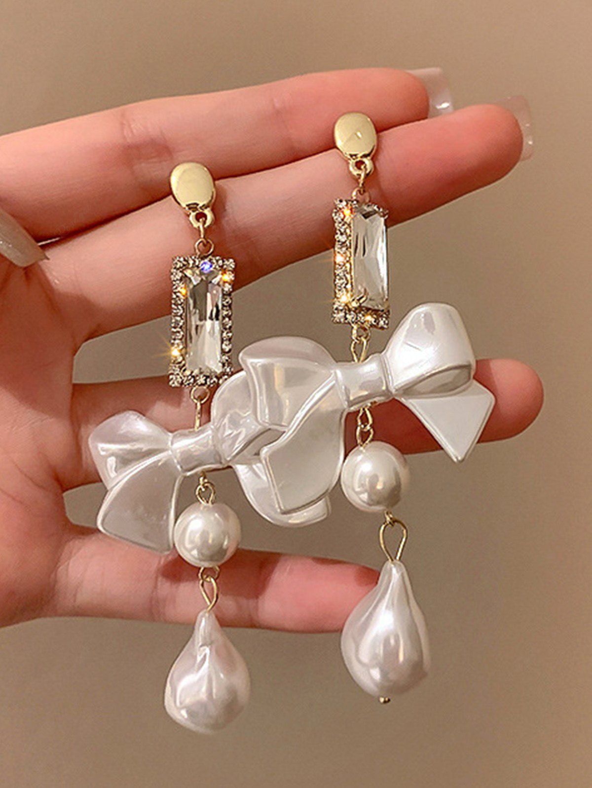 Discount Vintage Faux Pearl Sparkling Crystal Bowknot Drop Earrings  