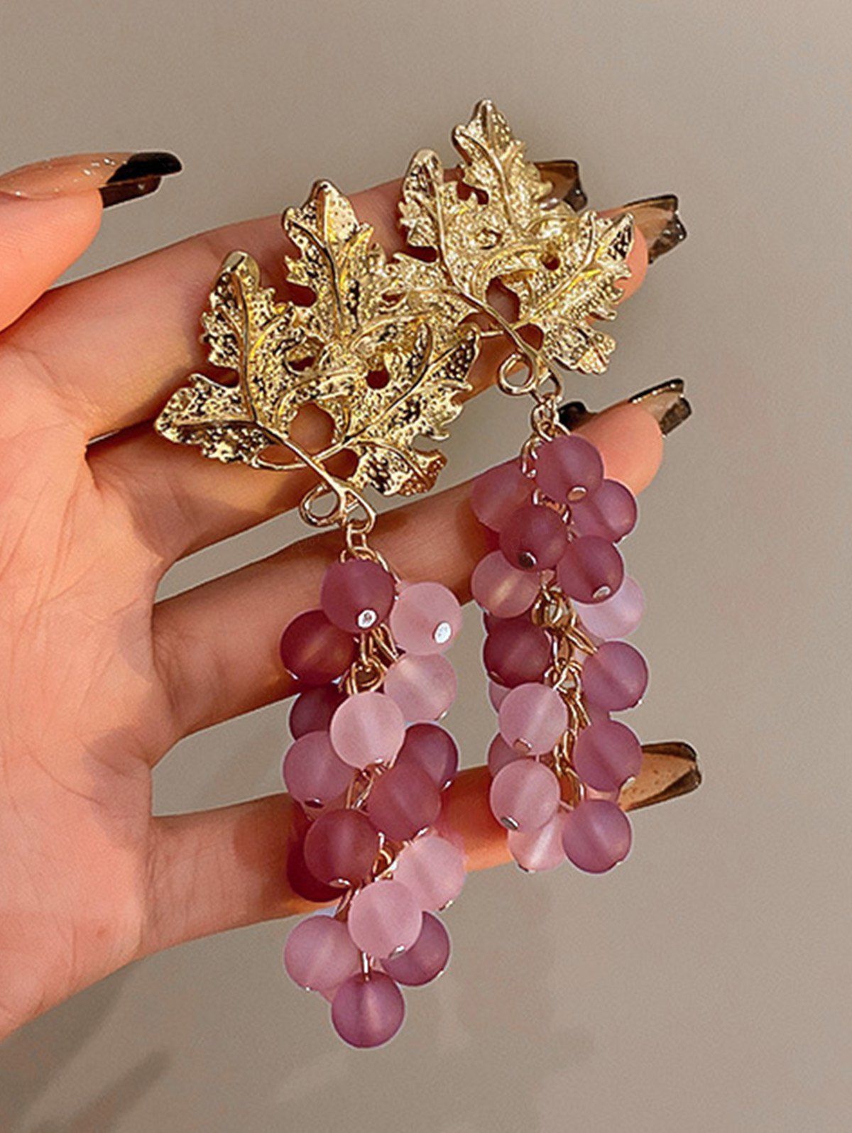 New Grape Leaf Shaped Faux Crystal Drop Earrings  
