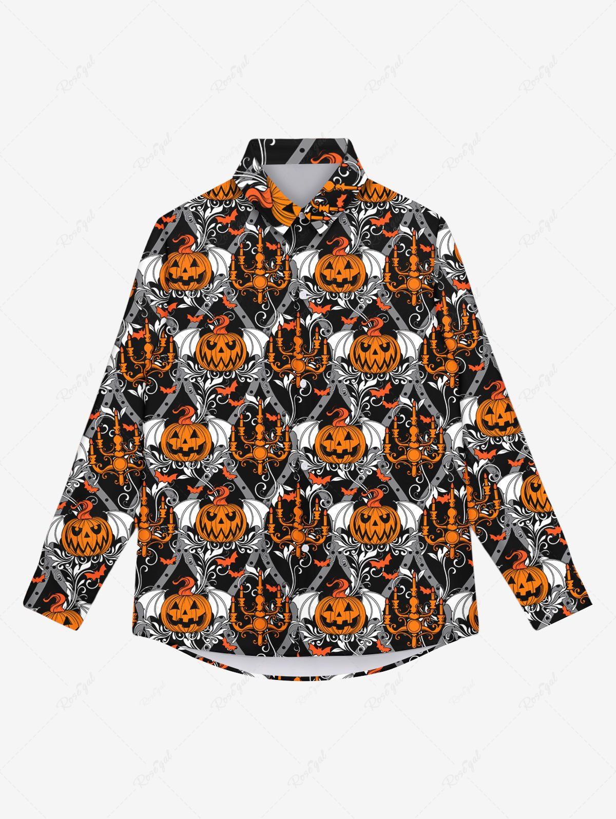 Hot Gothic Pumpkin Bat Candle Print Halloween Buttons Shirt For Men  
