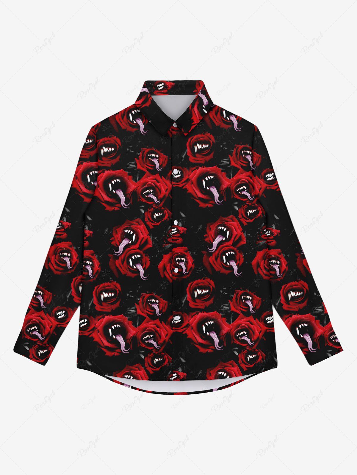 Unique Gothic Rose Flower Ghost Tongue Print Halloween Buttons Shirt For Men  
