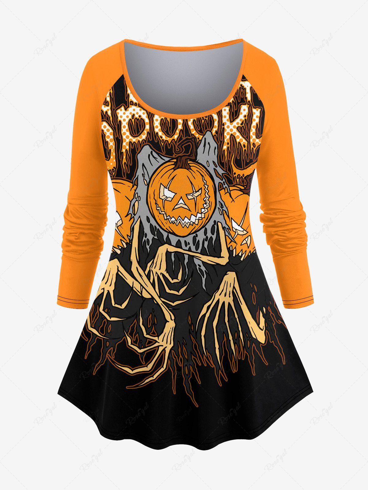 Fancy Plus Size Halloween Pumpkin Skeleton Hands Rag Print T-shirt  