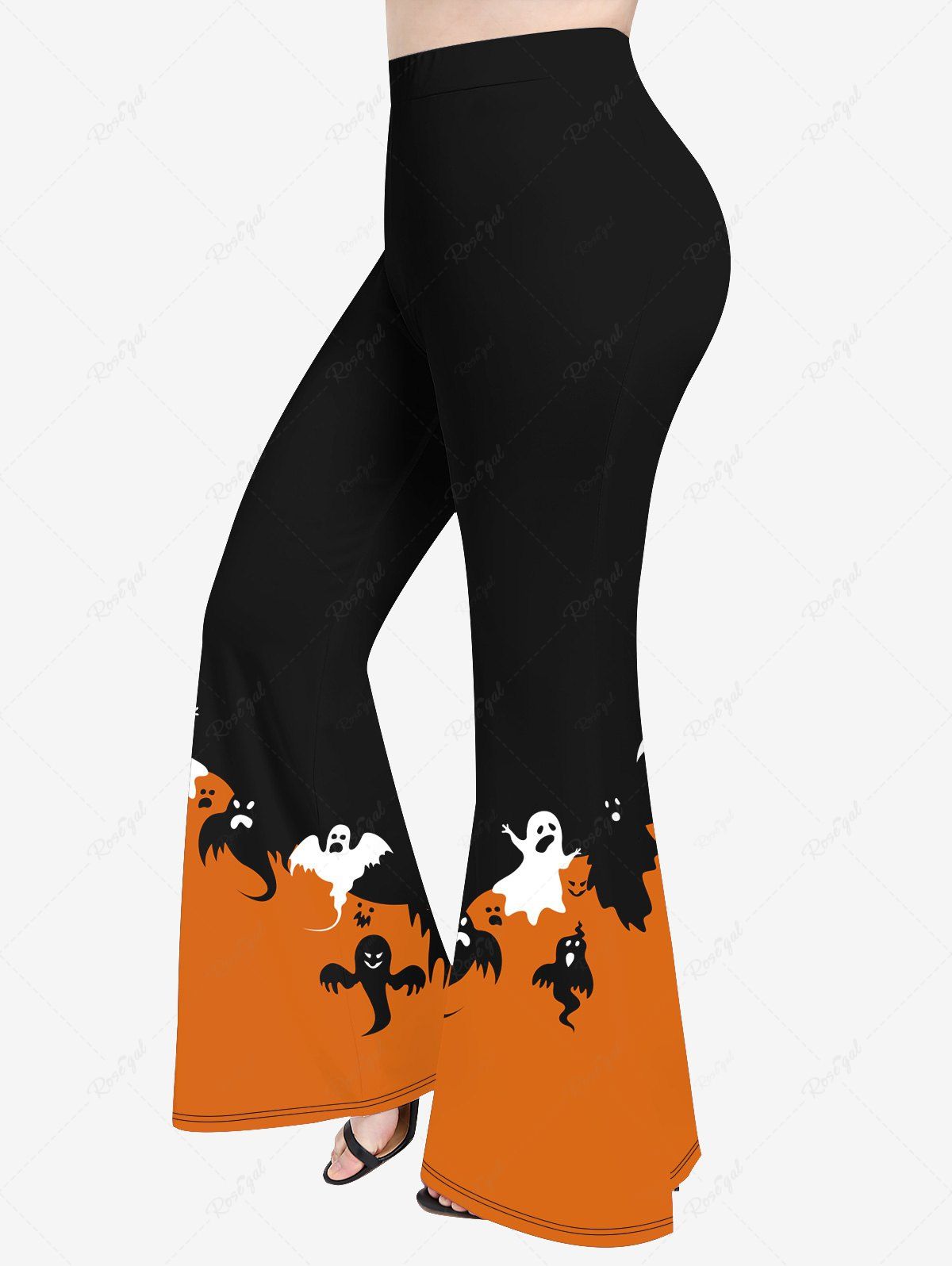 Pantalon Évasé à Imprimé Ailes de Fantôme en Blocs de Couleurs et Ailes de Chauve-Souris D'Halloween Grande-Taille Orange 6X