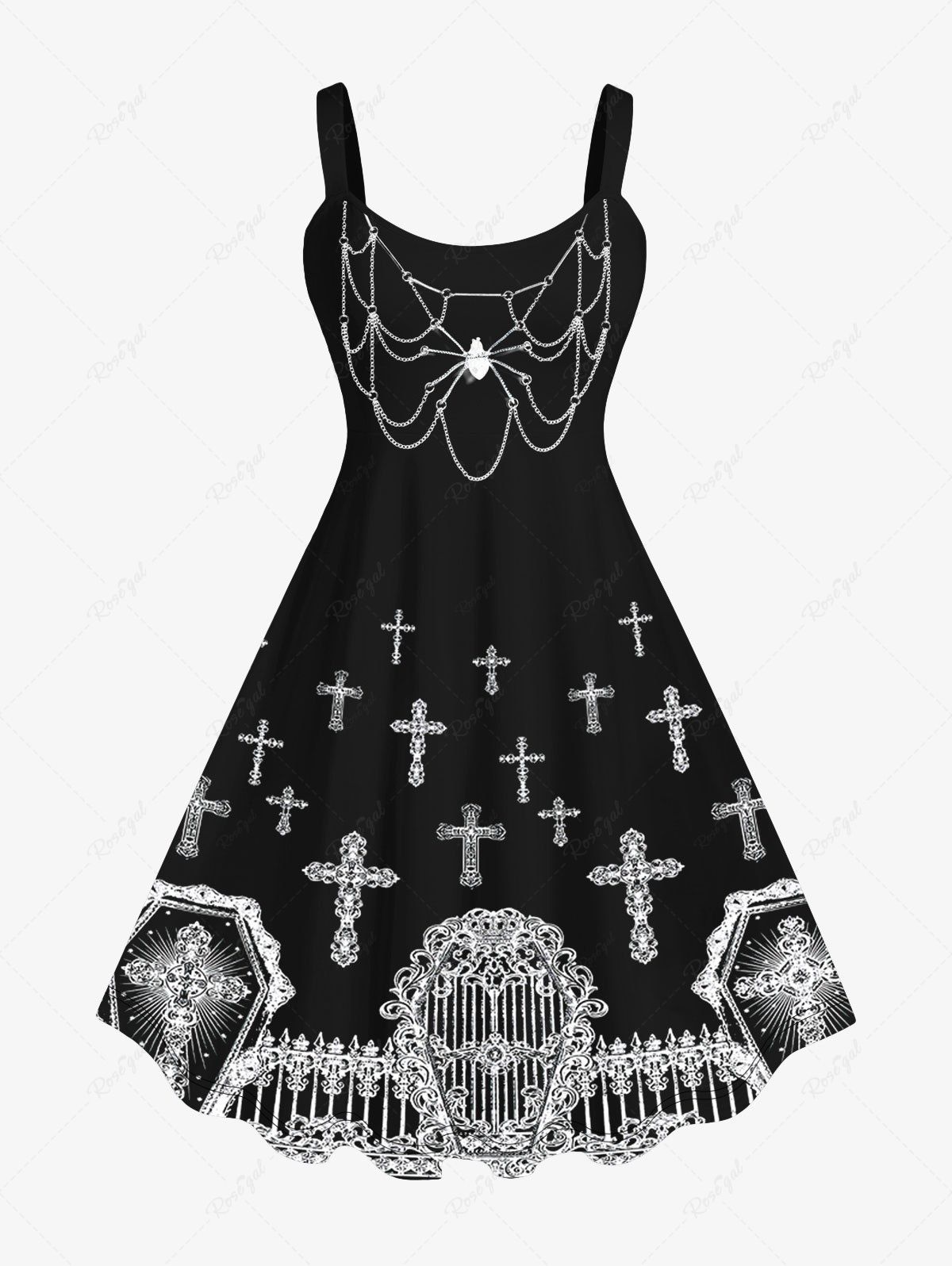 Outfits Plus Size 3D Cross Gate Spider Chain Tassel Print Halloween Tank Dress  