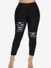 Heart Zipper Grommet Buckle Ruched Textured T-shirt and 3D Ripped Plaid Printed Leggings Plus Size Outfit -  