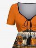 Plus Size Halloween Costume Pumpkin Cat Bat Print Cinched Dress -  