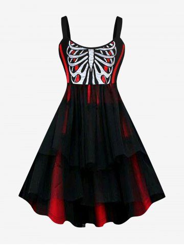 Plus Size Halloween Skeleton Colorblock Glitter Print Tank Dress - BLACK - S