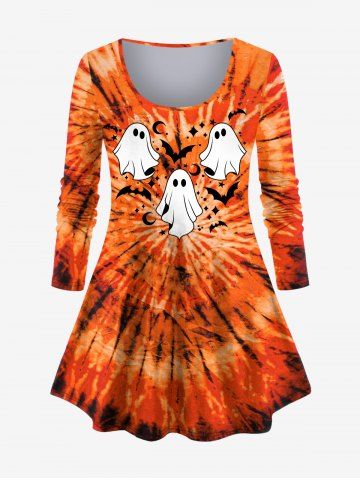 T-shirt D'Halloween Teinté Lune et Fantôme Imprimés de Grande Taille - ORANGE - L