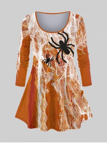 Plus Size 3D Spider and Spider Web Print Halloween T-shirt - DARK ORANGE - 4X