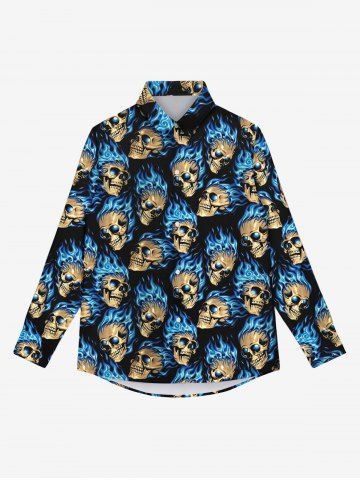 Gothic 3D Skulls Fire Flame Print Halloween Buttons Shirt For Men - BLACK - 3XL