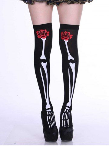 Fashion Rose Flower Skeleton Print Halloween Thigh High Socks - BLACK